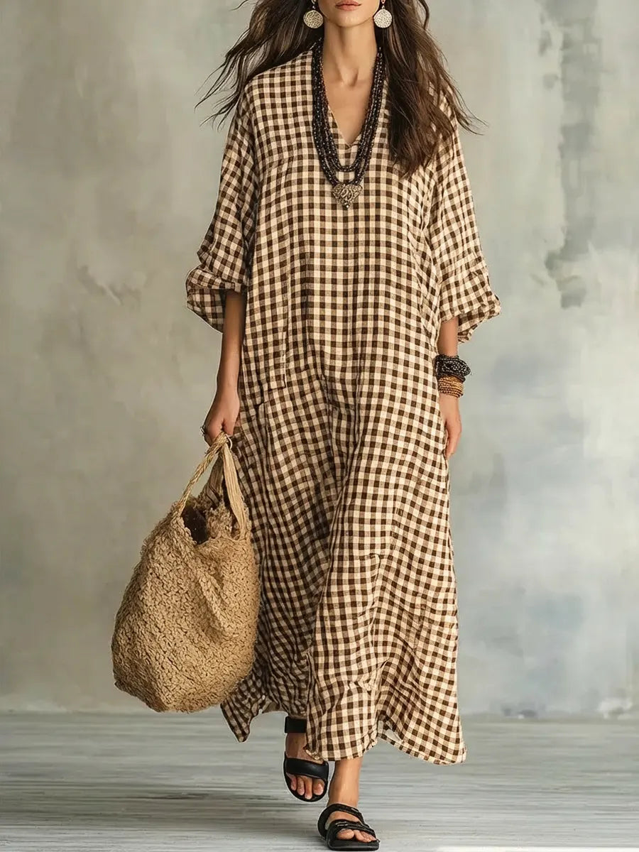 Gingham Check V-Neck Long Sleeve Oversized Maxi Dress 6