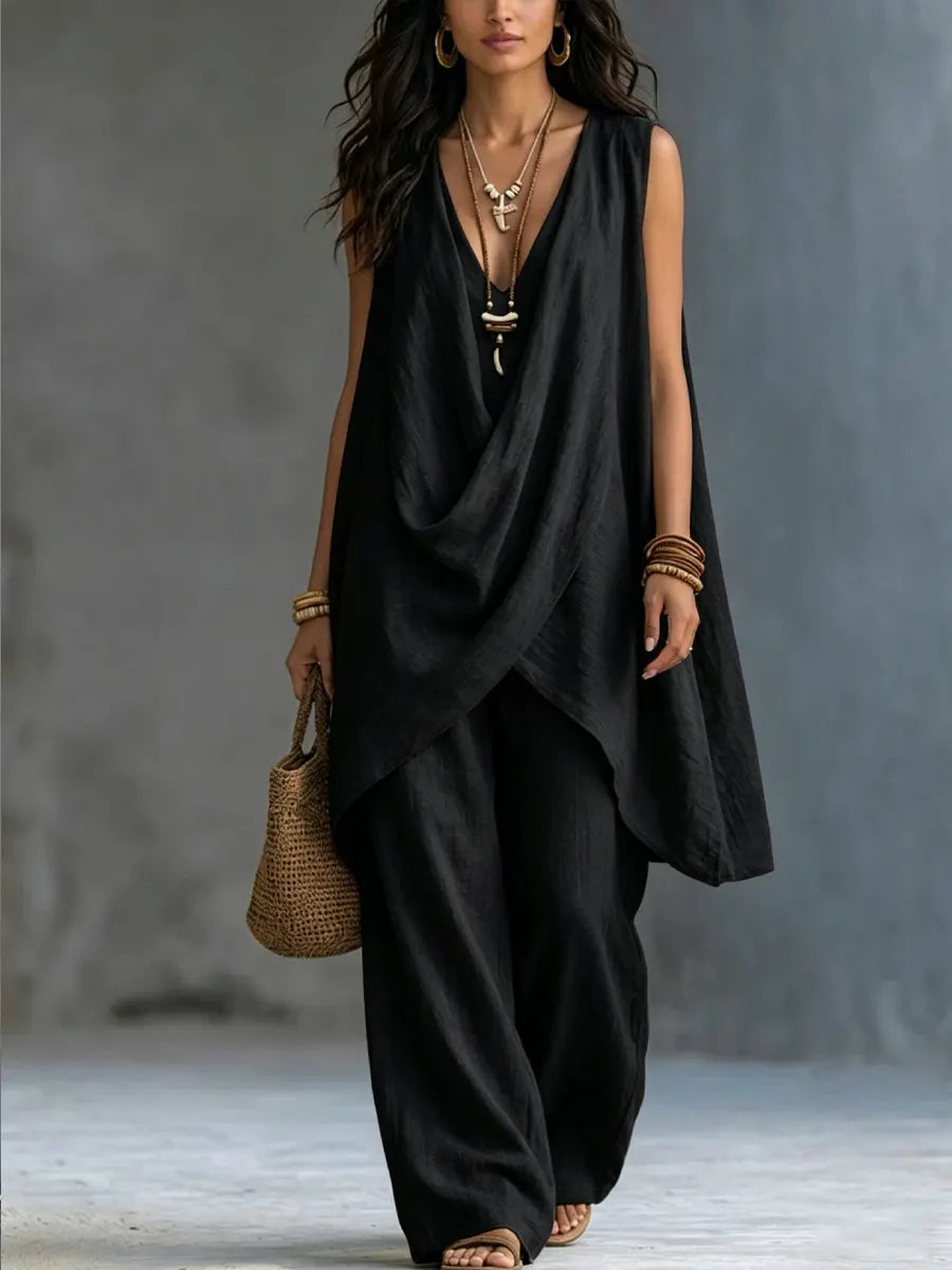 Sleeveless Cross Drape Top and Wide Leg Pants Two Piece Set 2