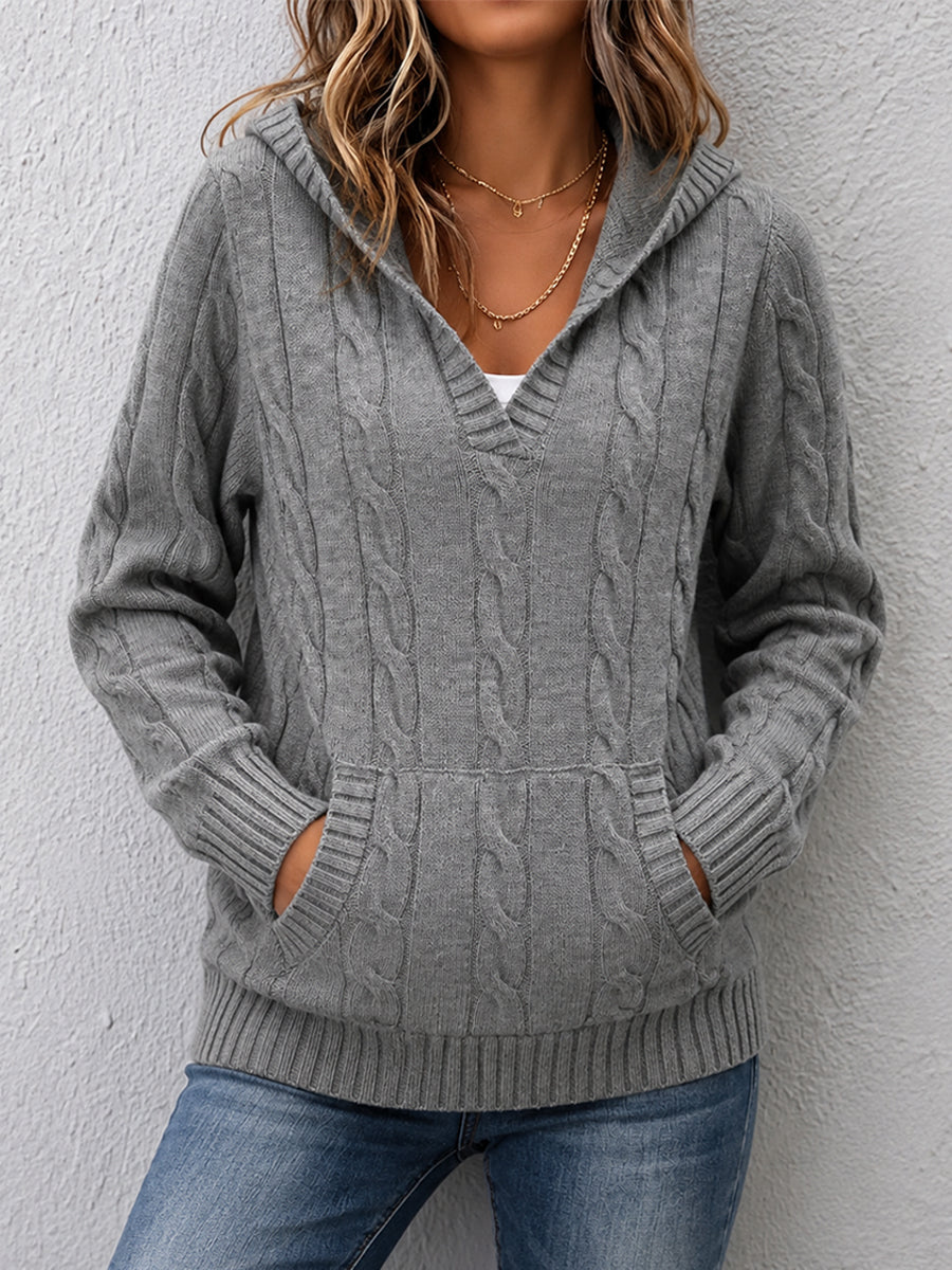 Cable Knit V-Neck Hooded Sweater with Pocket