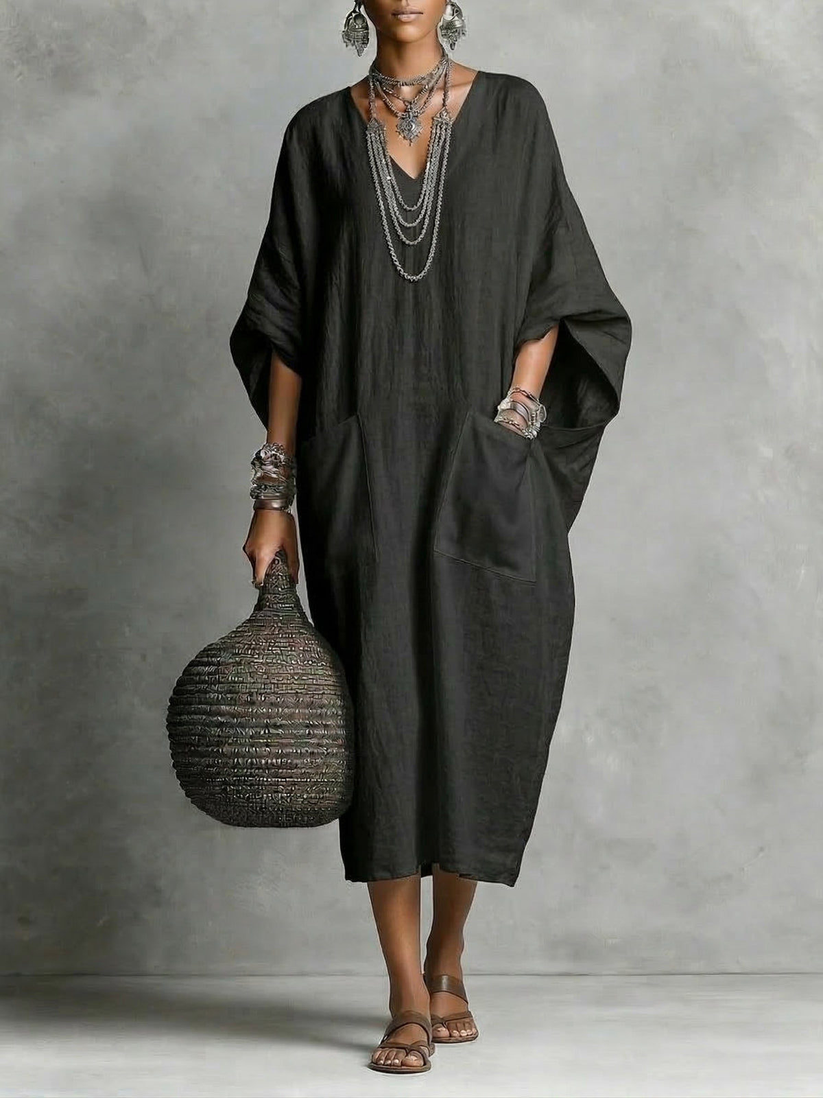 V-Neck Short Sleeve Kaftan Maxi Dress 4