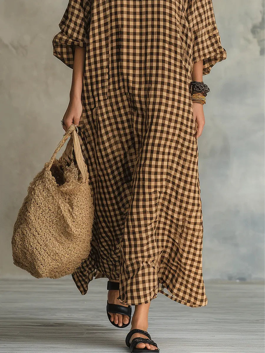 Gingham Check V-Neck Long Sleeve Oversized Maxi Dress 3