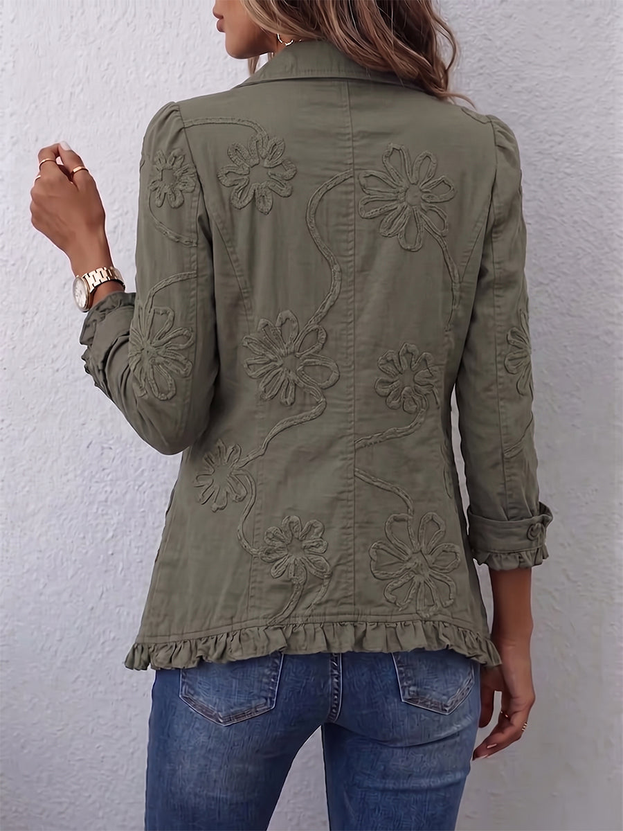 Floral Textured Ruffle Trim Button Front Shacket 2
