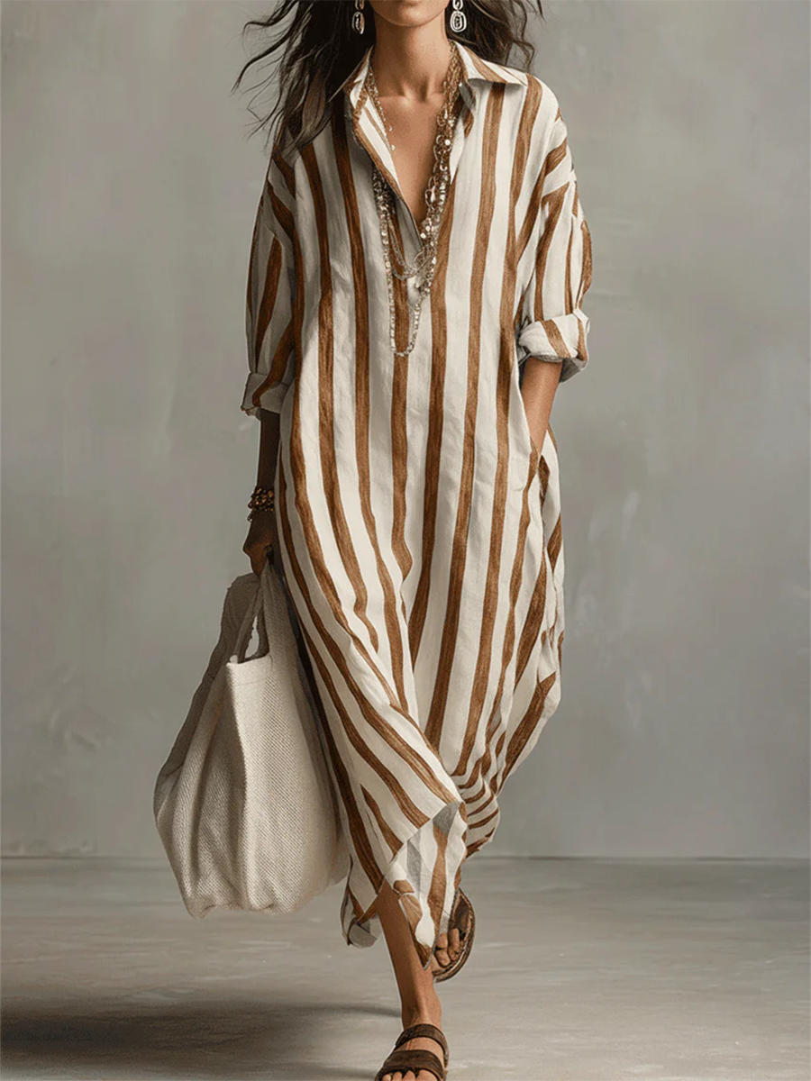 Striped Collared V Placket Long Sleeve Oversized Maxi Shirt Dress 6