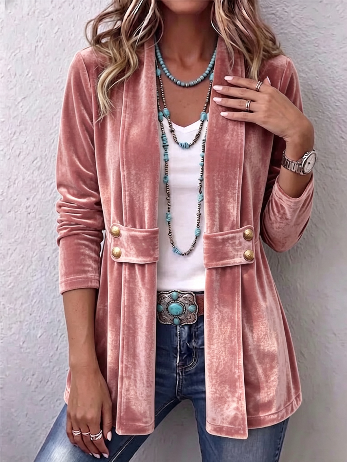Open Front Flap Pocket Button Velvet Jacket 7