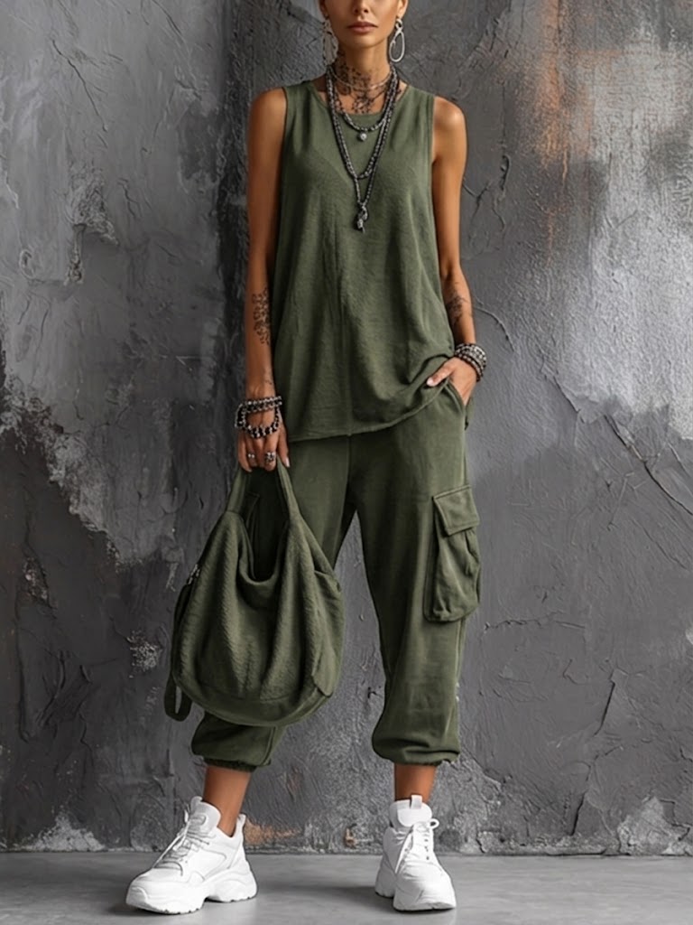Round Neck Sleeveless Tank and Cargo Jogger Pants Two Piece Set 2