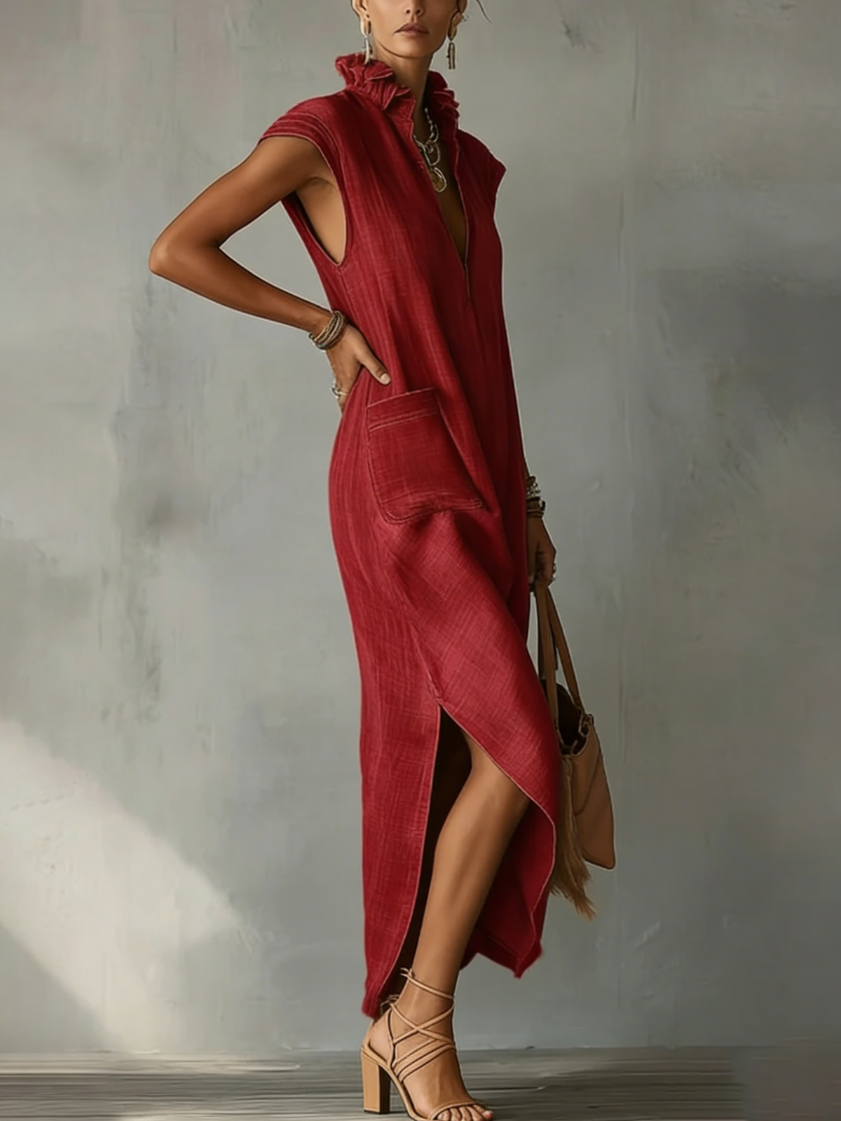 Sleeveless High Neck High Split Linen Look Maxi Dress 4