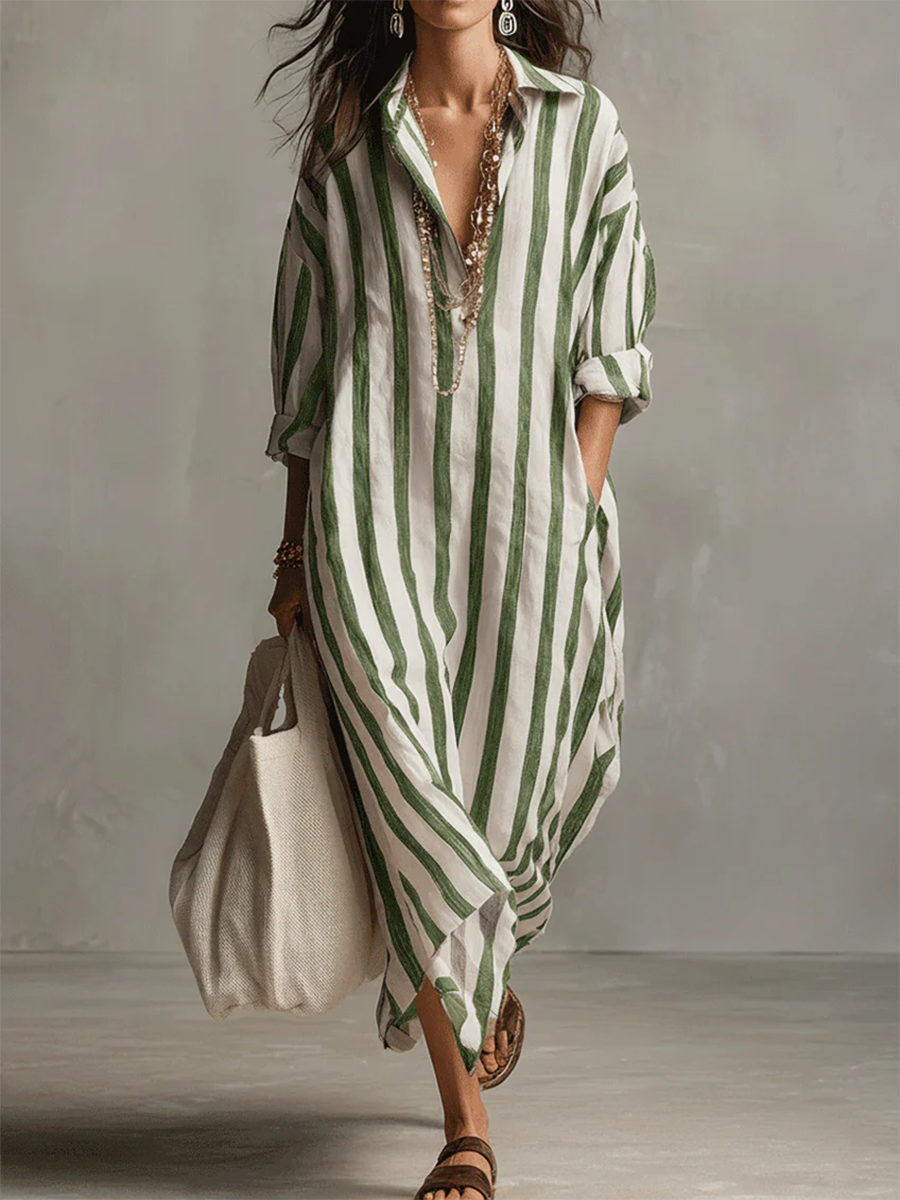 Striped Collared V Placket Long Sleeve Oversized Maxi Shirt Dress 7