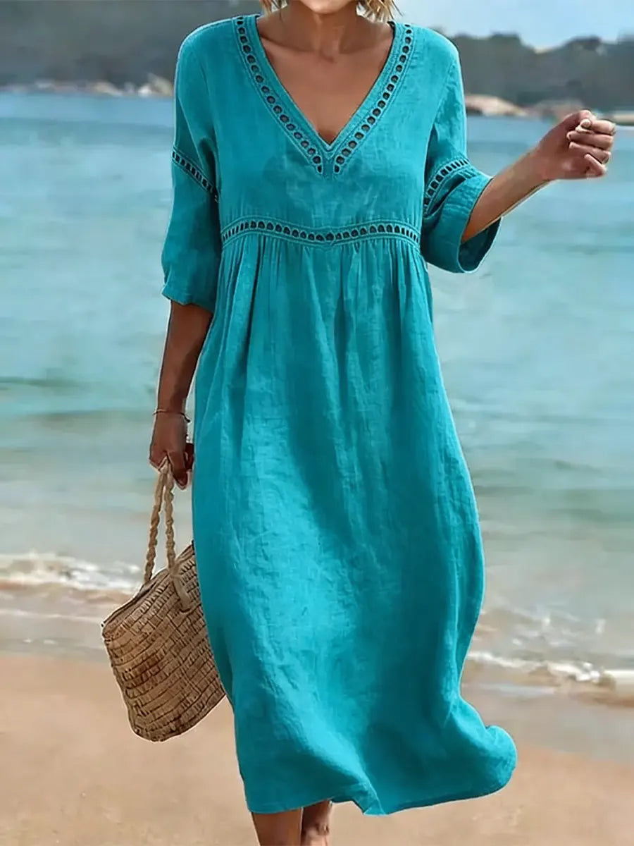 Lace Trim V-Neck Midi Dress Summer 6