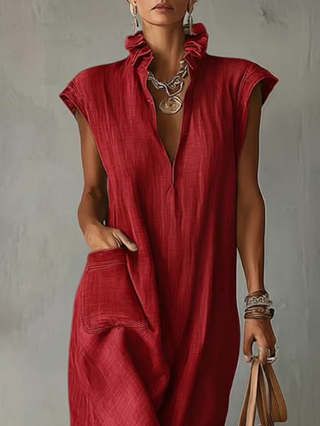 Sleeveless High Neck High Split Linen Look Maxi Dress 2