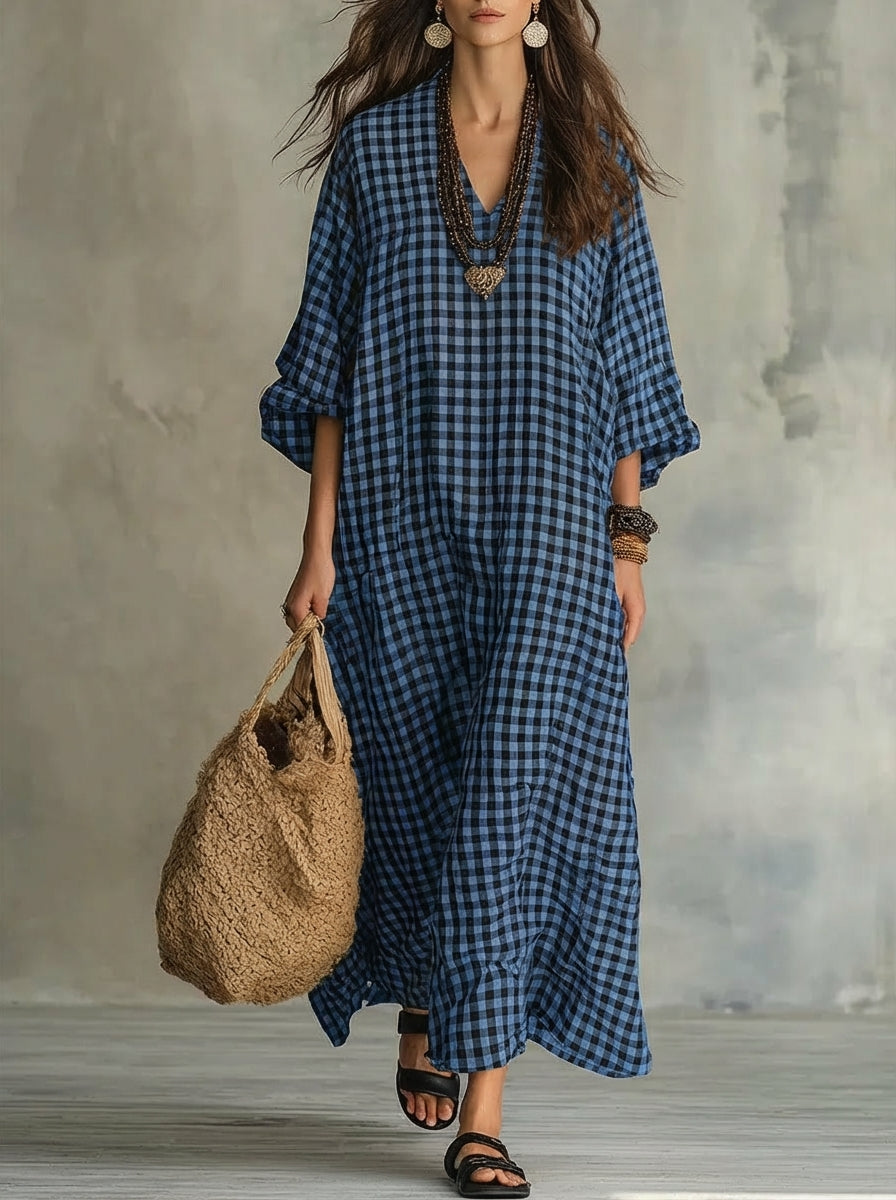 Gingham Check V-Neck Long Sleeve Oversized Maxi Dress 7