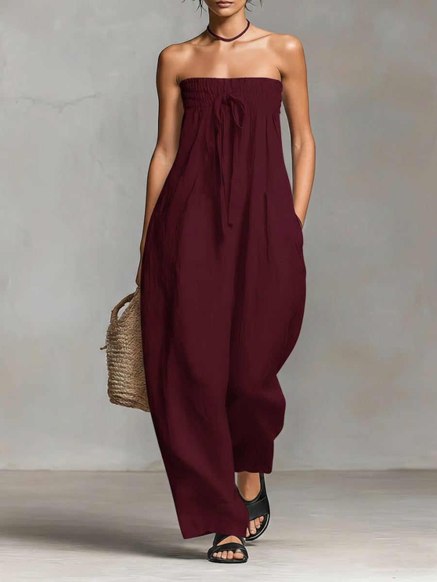 Strapless Smocked Tie Waist Wide Leg Jumpsuit 6