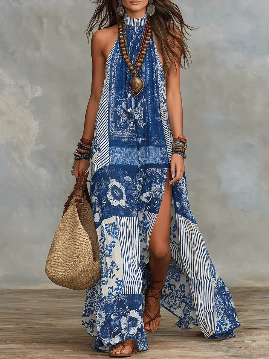 Patchwork Floral Halter Neck Sleeveless Boho Maxi Dress