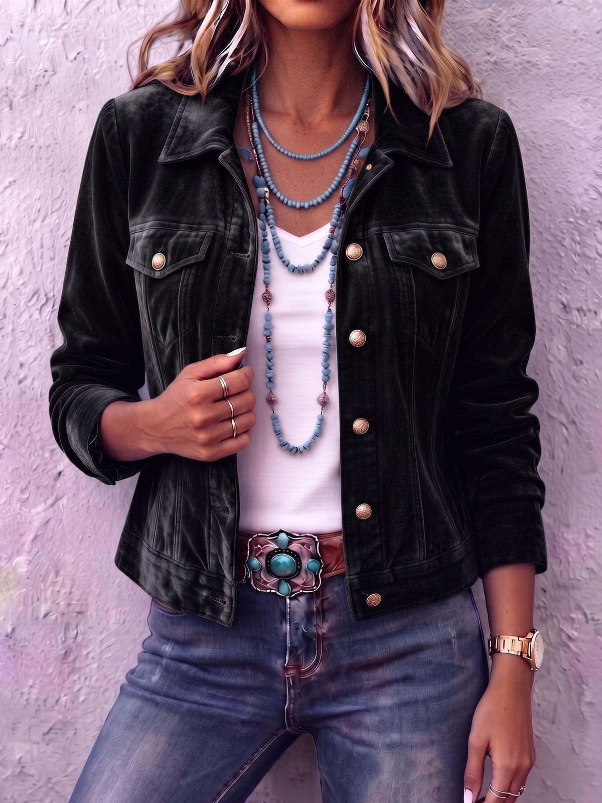 Collared Button Front Chest Pocket Velvet Trucker Jacket 4