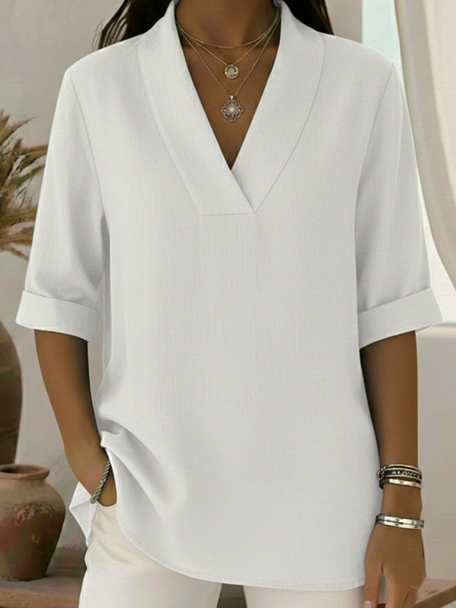 Shawl Collar V-Neck Roll Up Sleeve Blouse 4