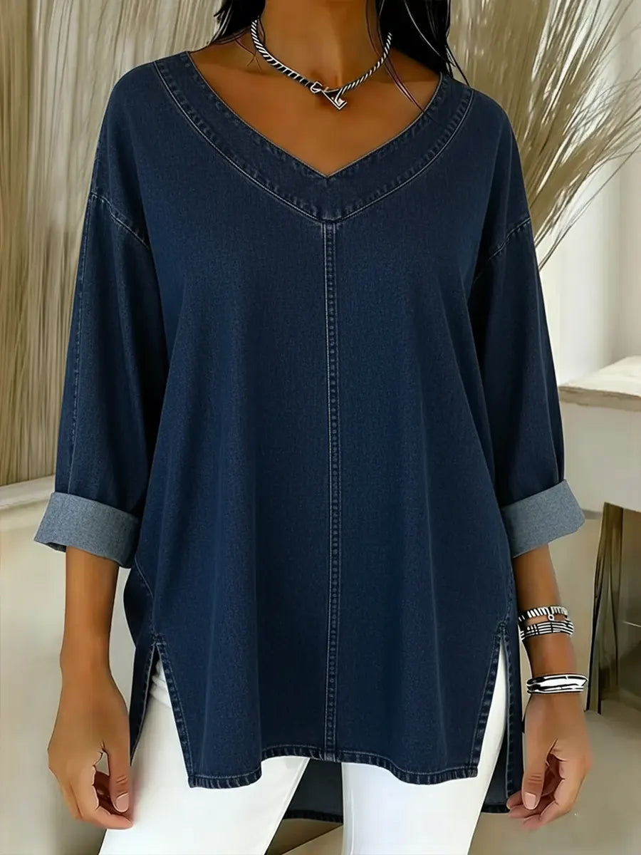 V-Neck Three Quarter Sleeve Denim Look Tunic Top 7