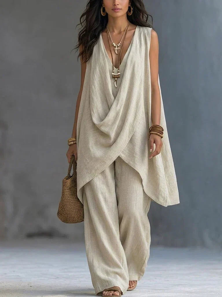 Sleeveless Draped Wrap Top and Wide Leg Pants Two Piece Set 2