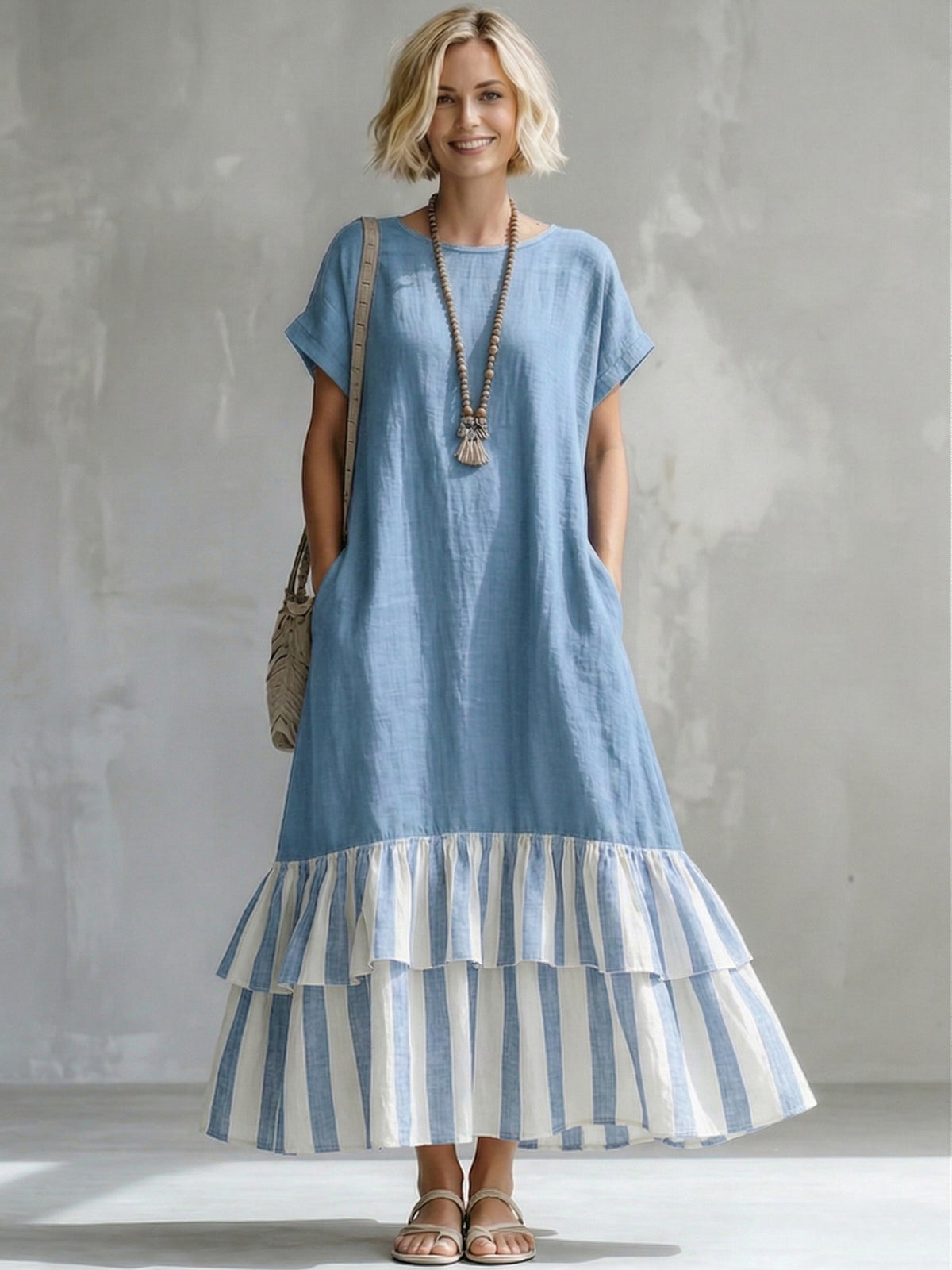 Round Neck Short Sleeve Striped Tiered Ruffle Hem Maxi Dress 5