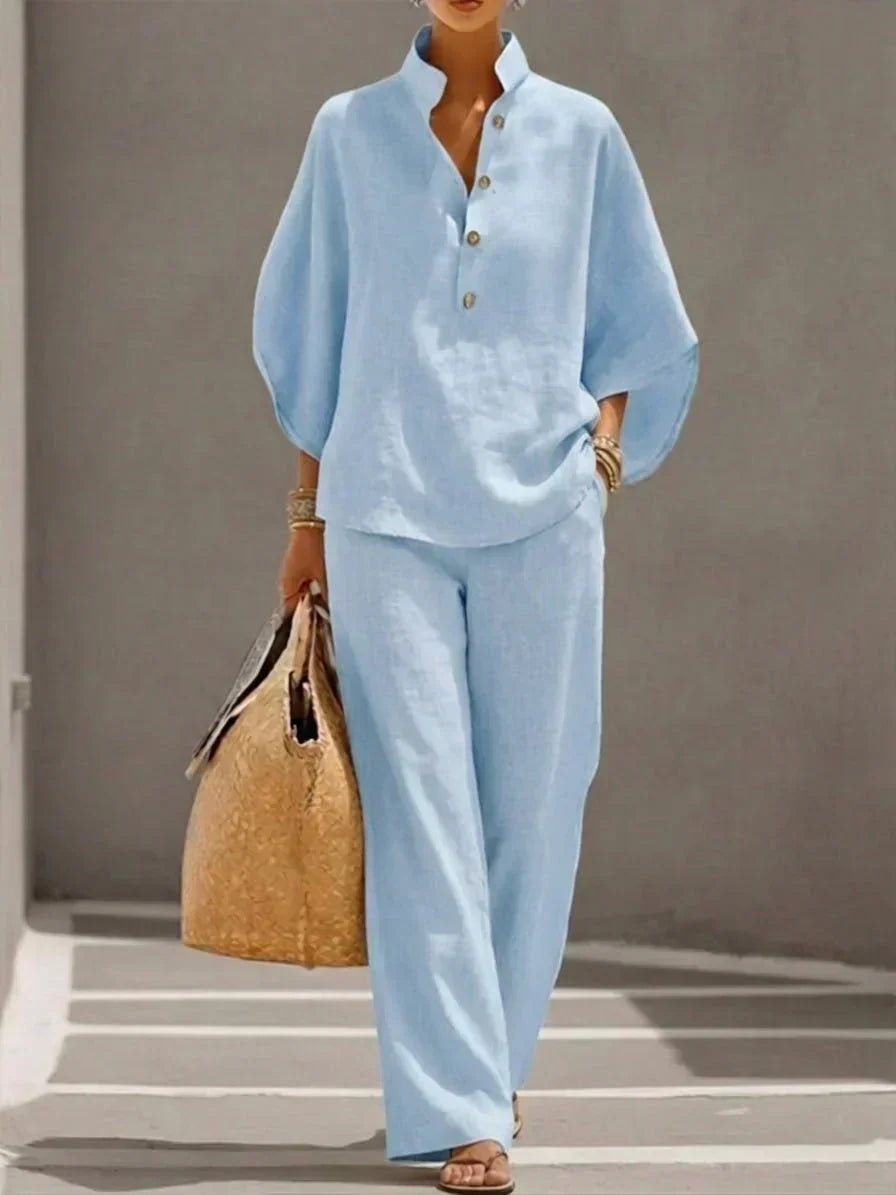 Stand Collar Half Placket Top and Wide Leg Pants Two Piece Set 3