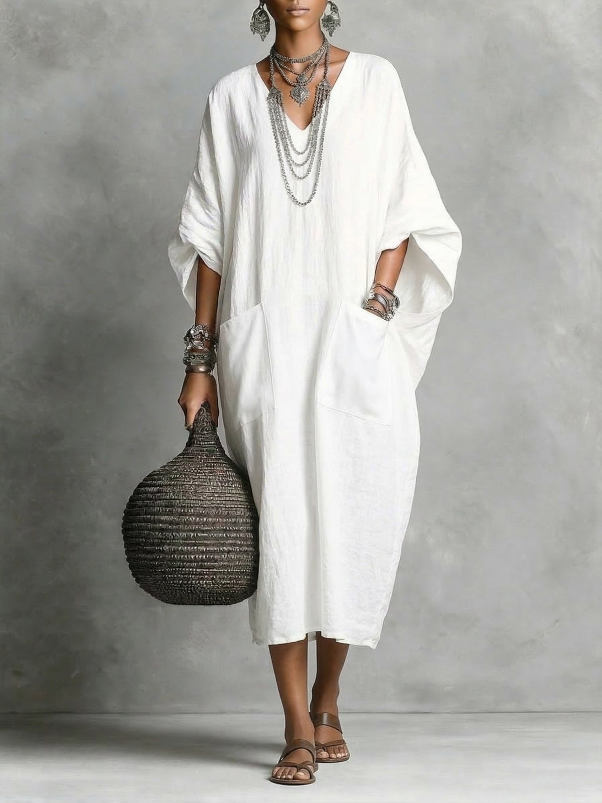 V-Neck Short Sleeve Kaftan Maxi Dress 3