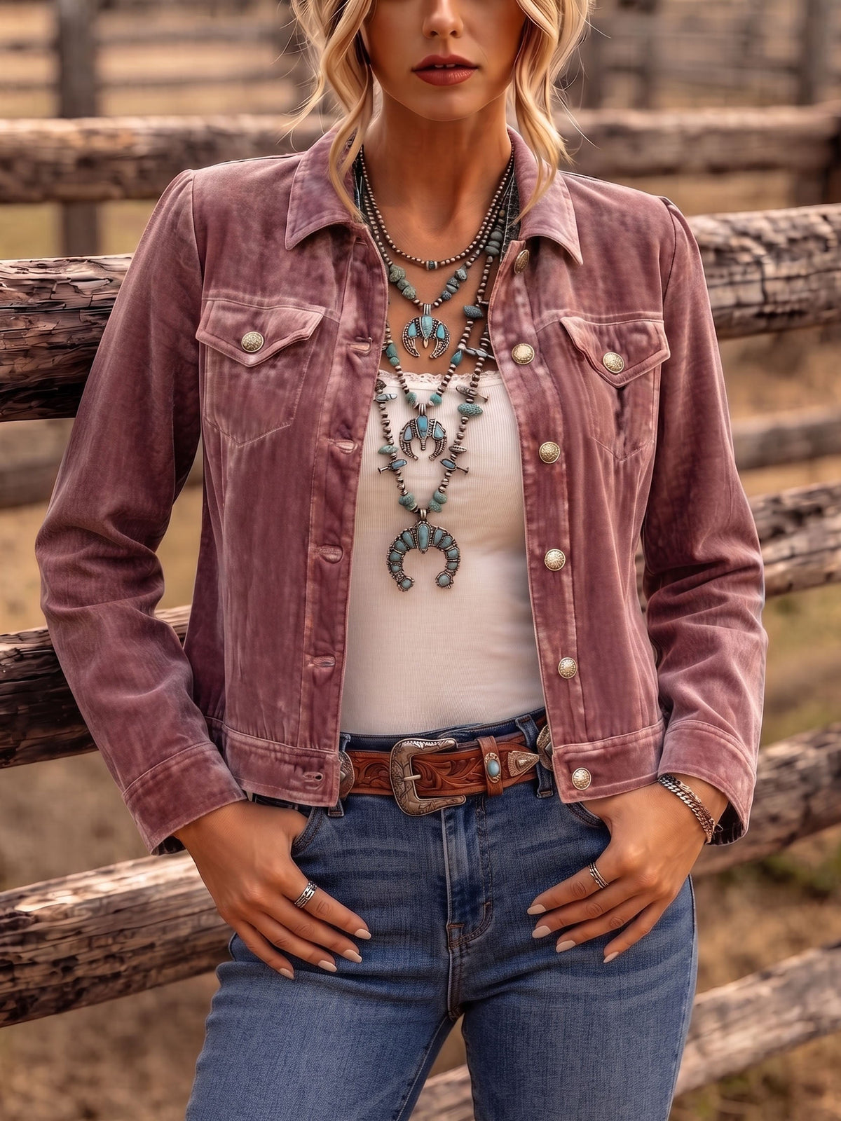 Collared Button Front Chest Pocket Velvet Trucker Jacket 2