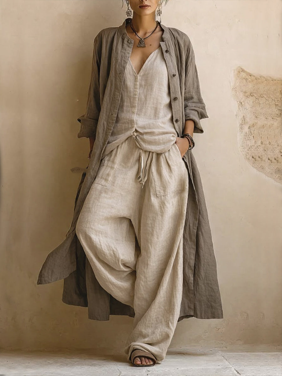 Longline Shirt Jacket and Wide Leg Pants Linen Set