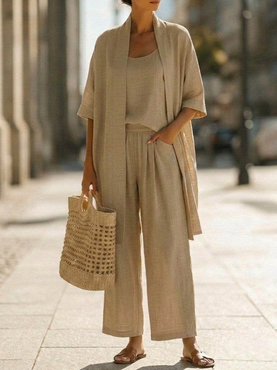 Open Front Duster Tank and Wide Leg Pants Three Piece Set