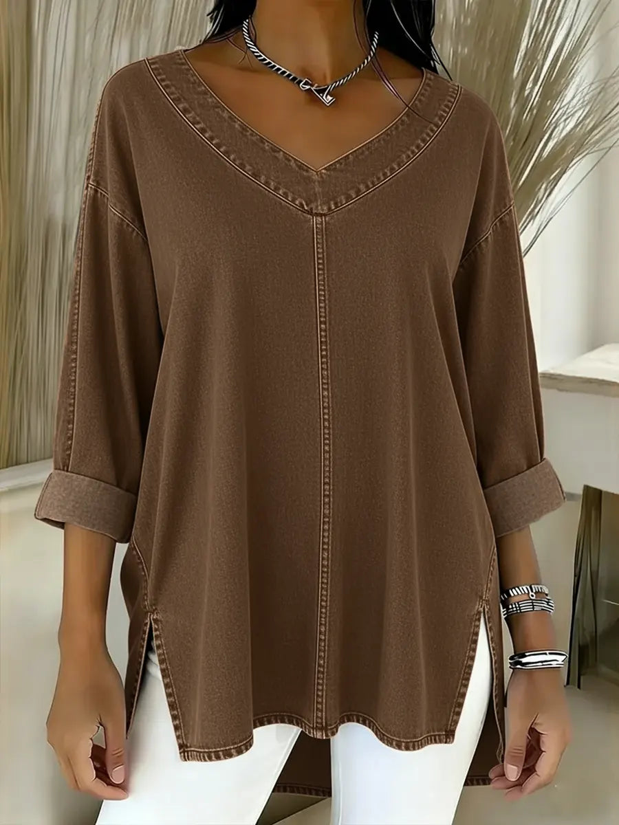 V-Neck Three Quarter Sleeve Denim Look Tunic Top 6