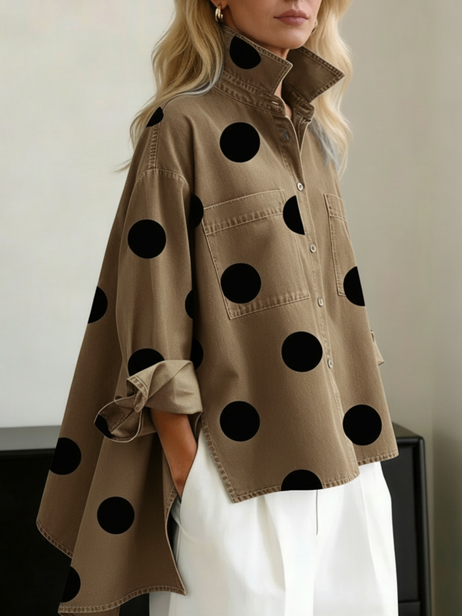 Polka Dot Button Front Oversized Denim Overshirt 4