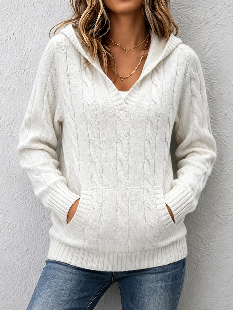 Cable Knit V-Neck Hooded Sweater with Pocket 3