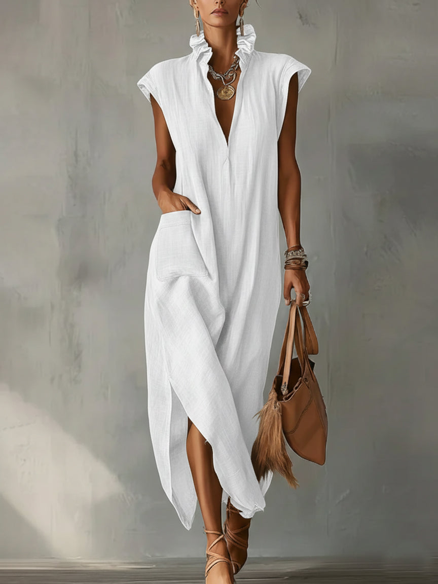 Sleeveless High Neck High Split Linen Look Maxi Dress 6