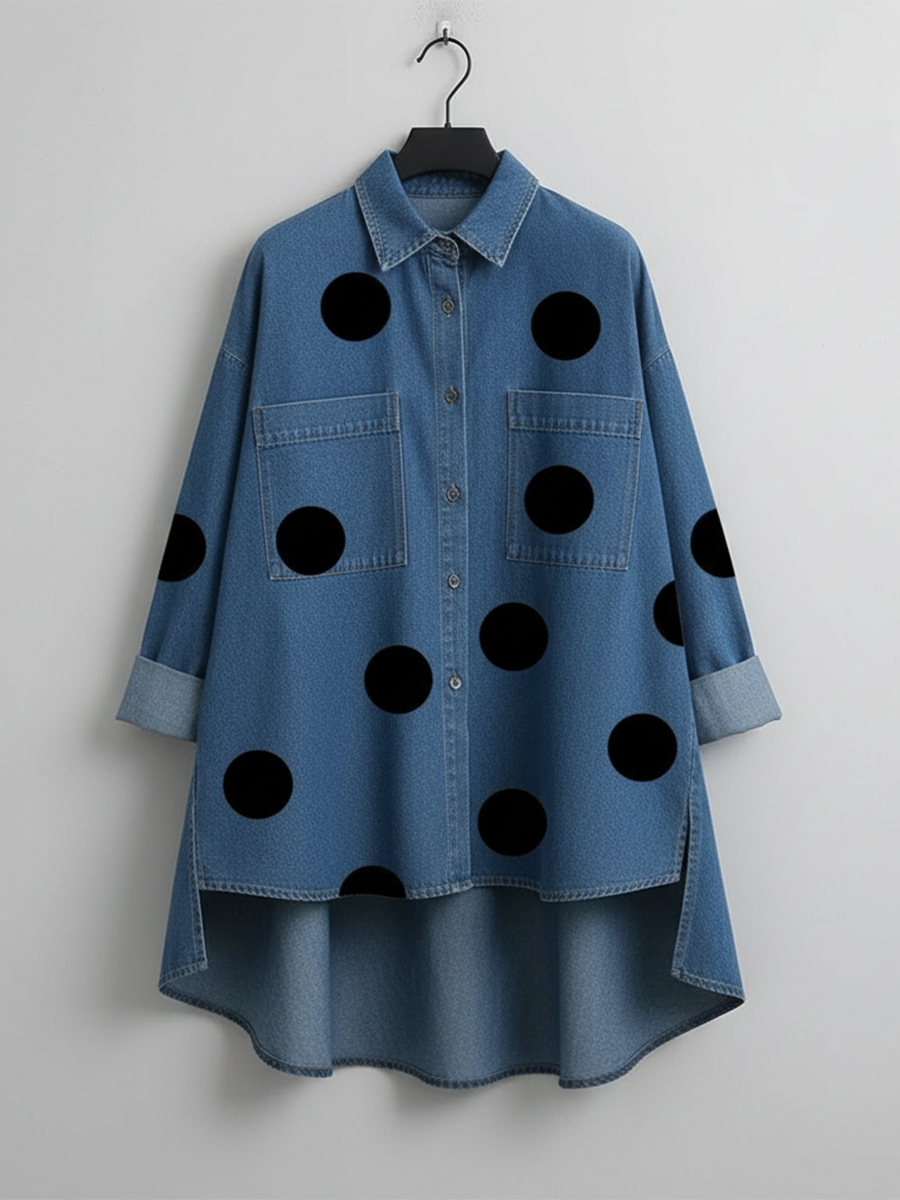 Polka Dot Button Front Oversized Denim Overshirt 6