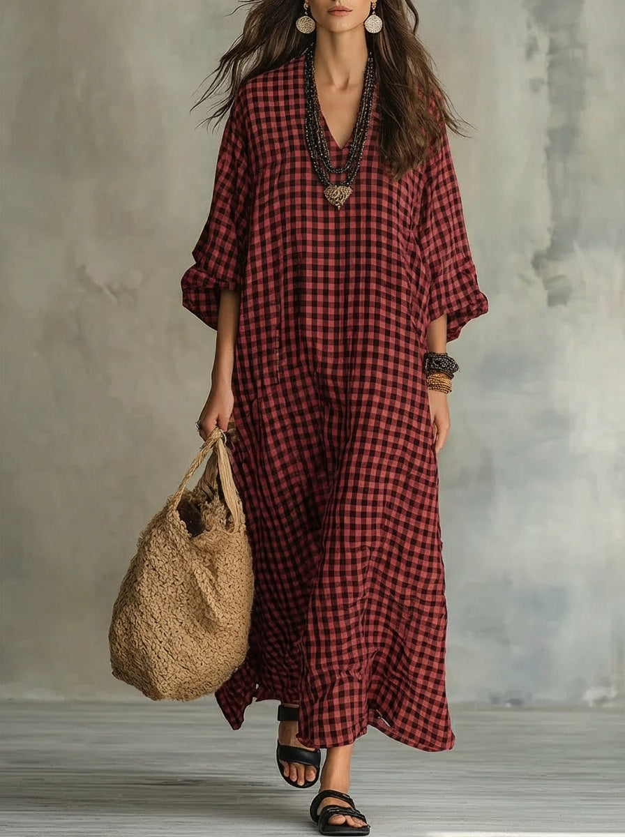 Gingham Check V-Neck Long Sleeve Oversized Maxi Dress 8