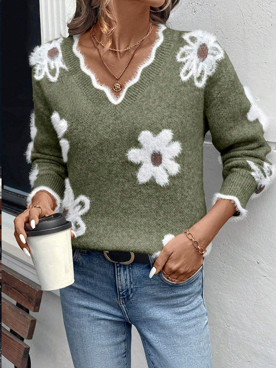 Fuzzy Floral Scalloped V-Neck Long Sleeve Knit Sweater 2