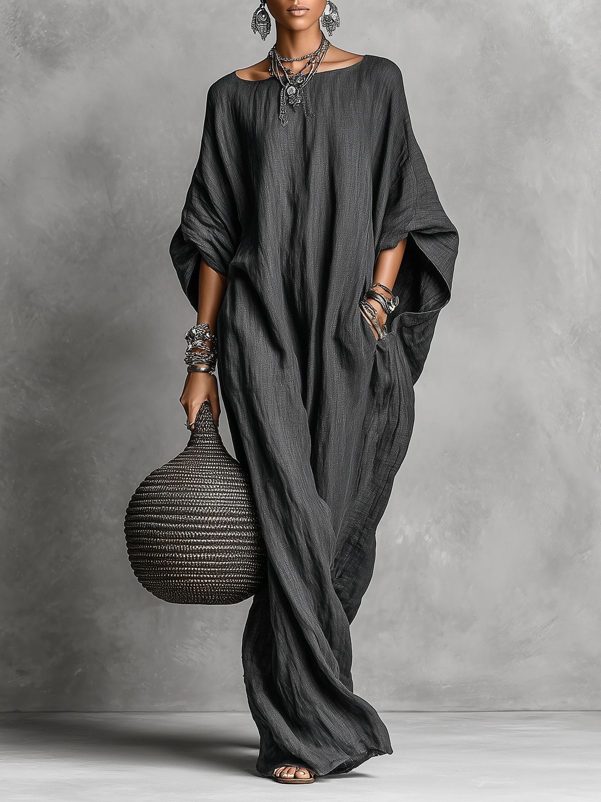 Round Neck Batwing Sleeve Oversized Maxi Dress