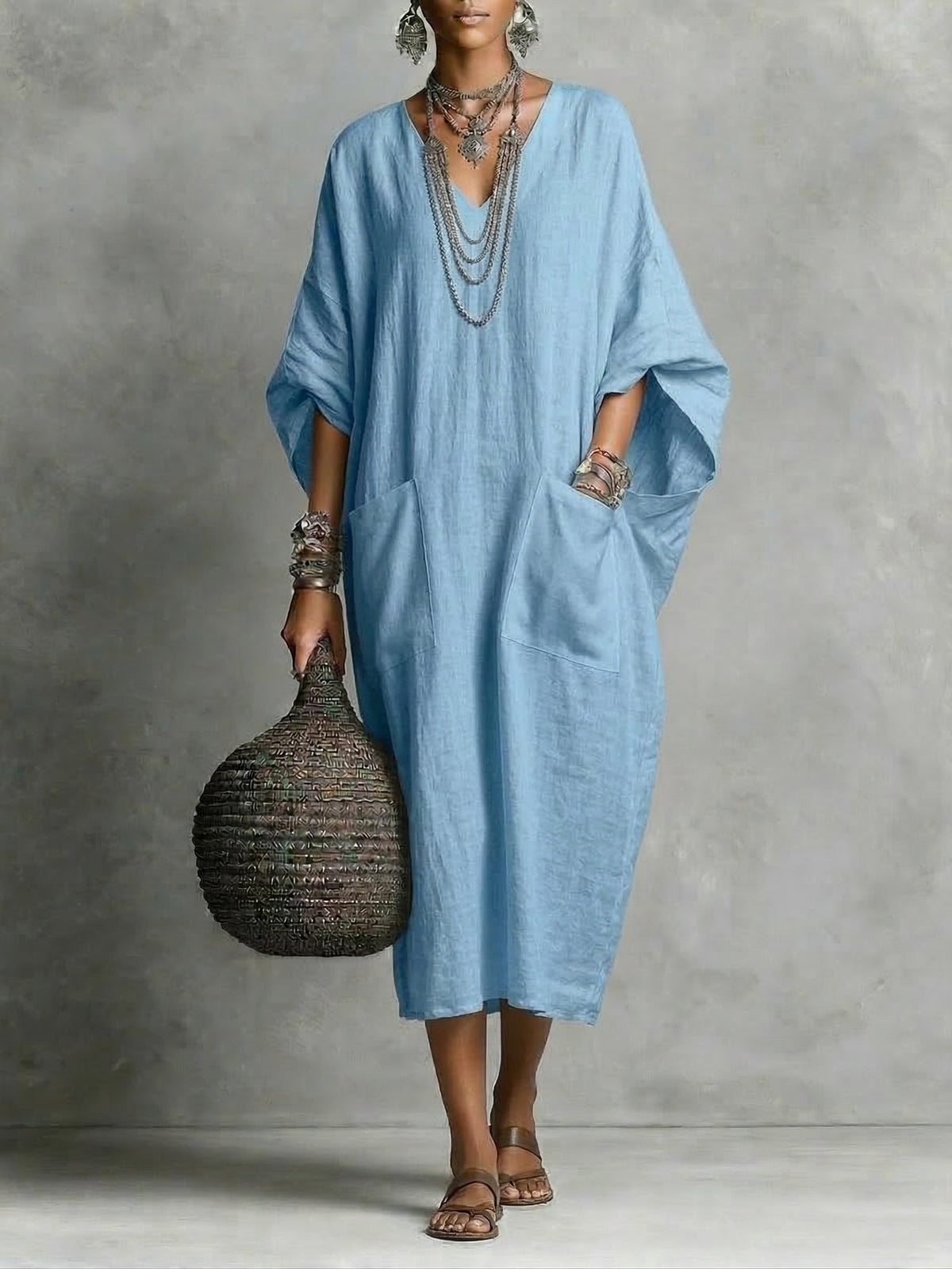 V-Neck Short Sleeve Kaftan Maxi Dress 2
