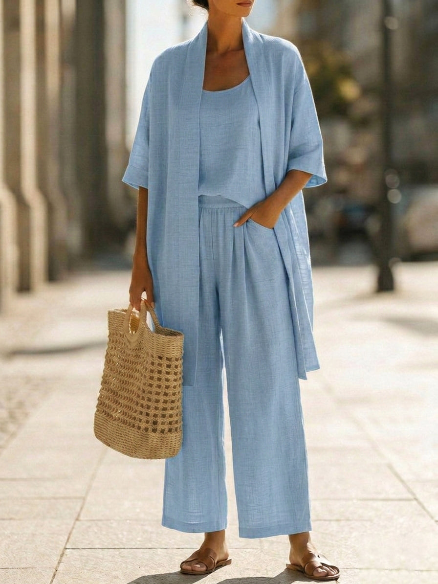 Sleeveless Tank Open Front Kimono and Wide Leg Pants Three Piece Set 3