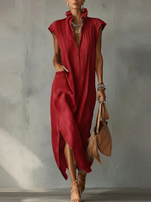Sleeveless High Neck High Split Linen Look Maxi Dress