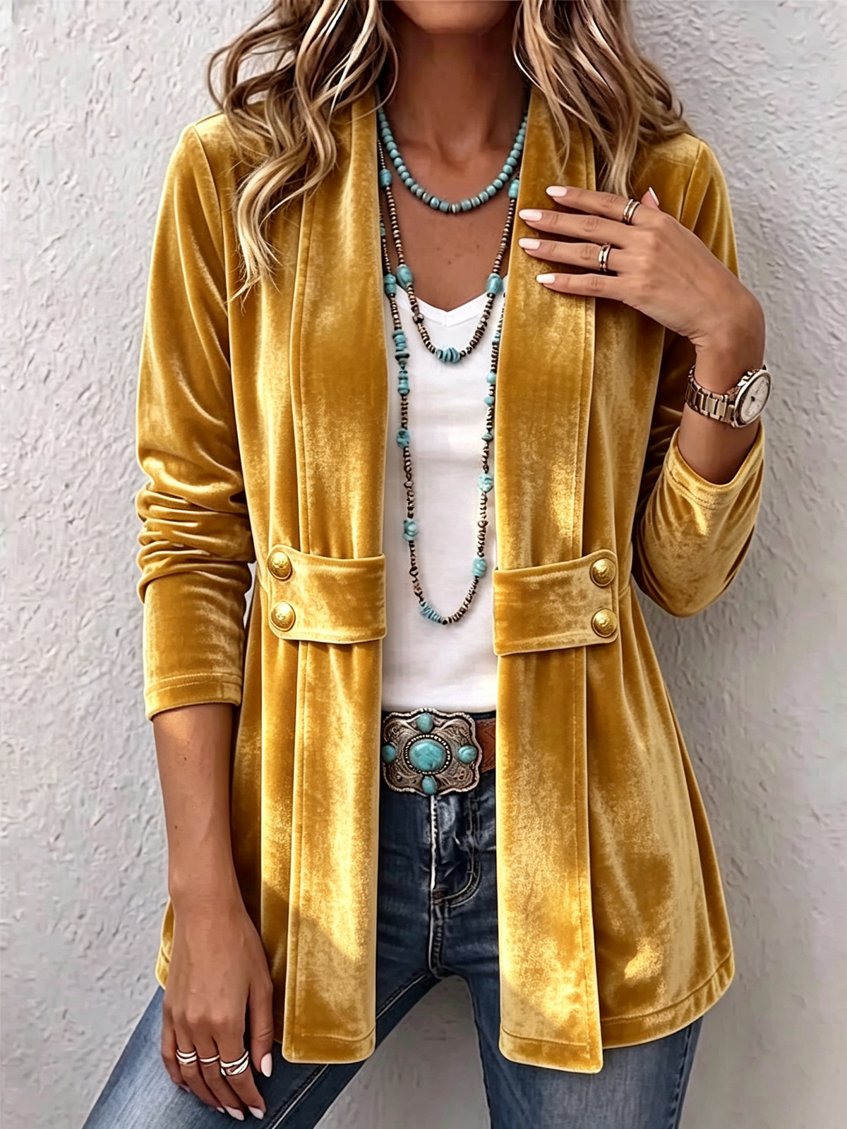 Open Front Flap Pocket Button Velvet Jacket 5