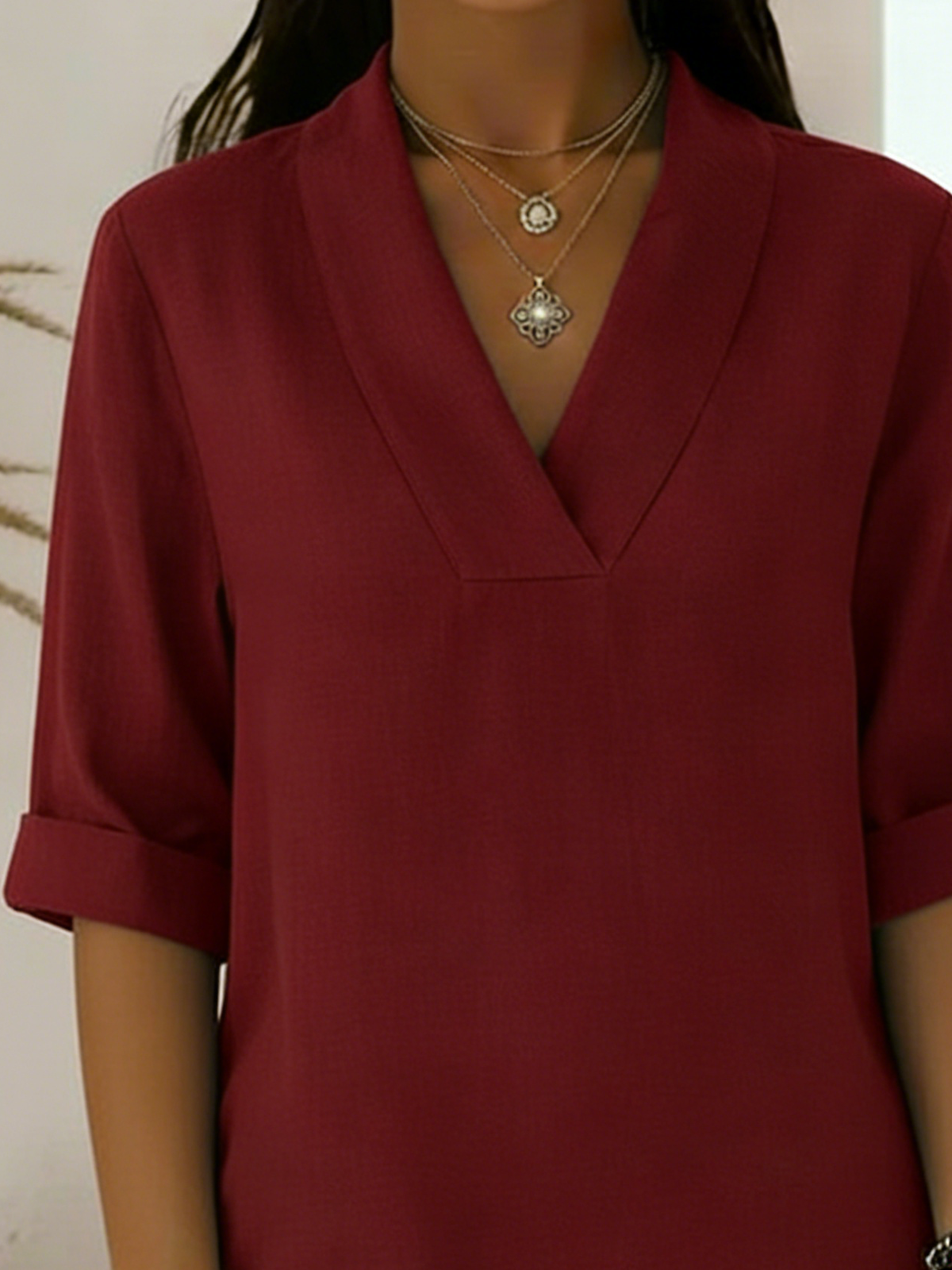 Shawl Collar V-Neck Roll Up Sleeve Blouse 2