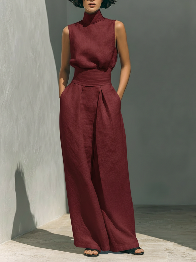 Sleeveless Mock Neck Top and Wide Leg Pants Two Piece Set 3