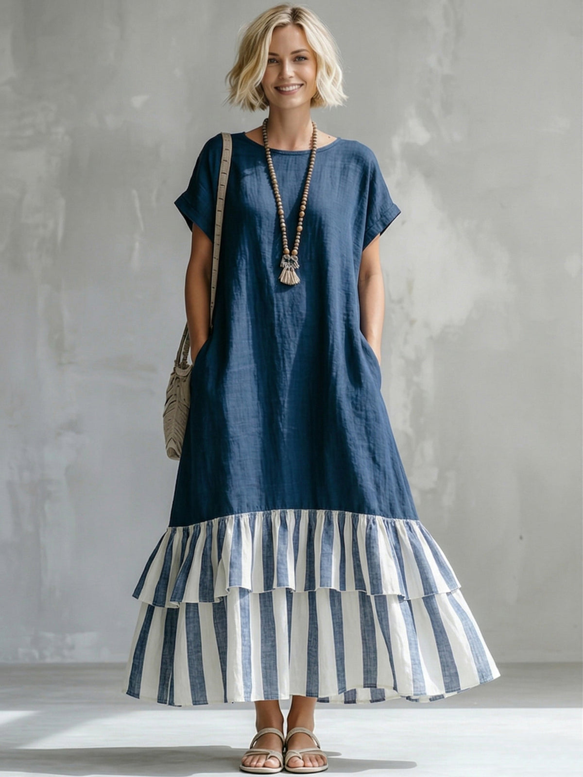 Round Neck Short Sleeve Striped Tiered Ruffle Hem Maxi Dress 4