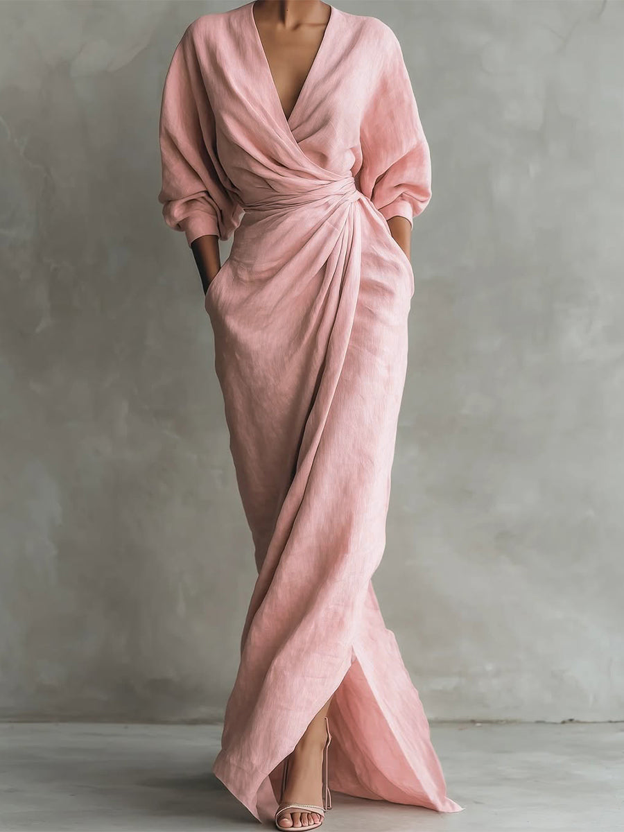 V-Neck Long Sleeve Wrap Draped Maxi Dress 2