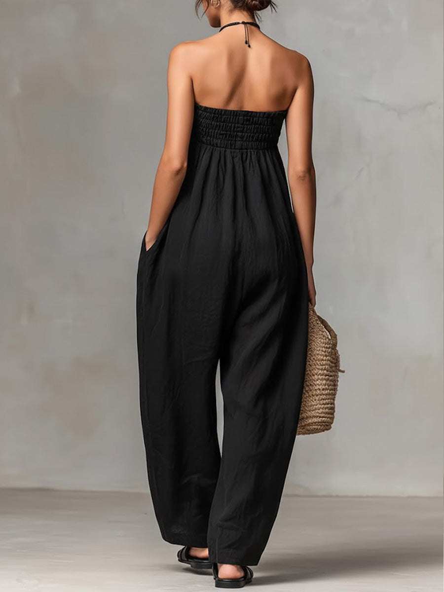 Strapless Smocked Tie Waist Wide Leg Jumpsuit 2