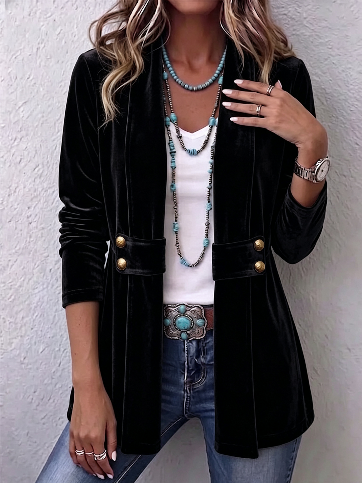 Open Front Flap Pocket Button Velvet Jacket 4