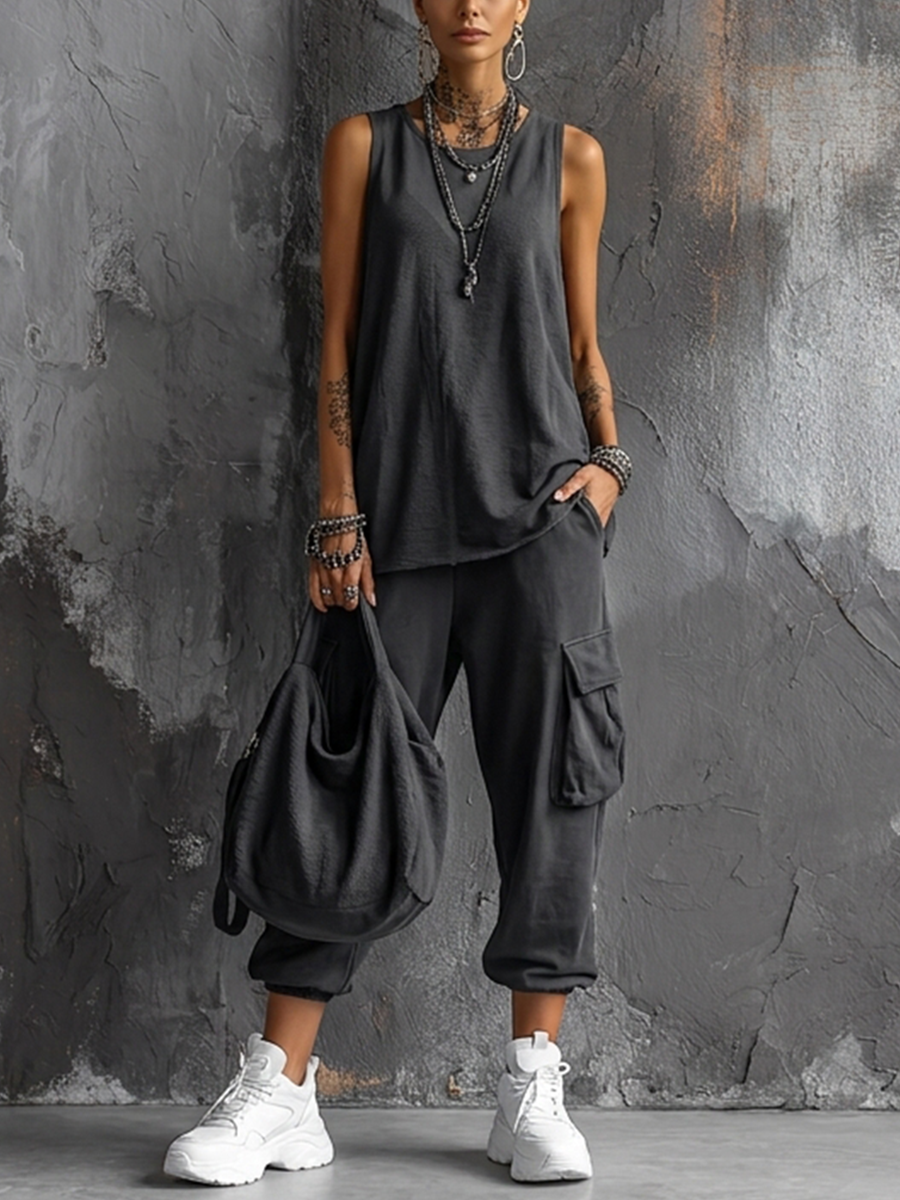 Round Neck Sleeveless Tank and Cargo Jogger Pants Two Piece Set