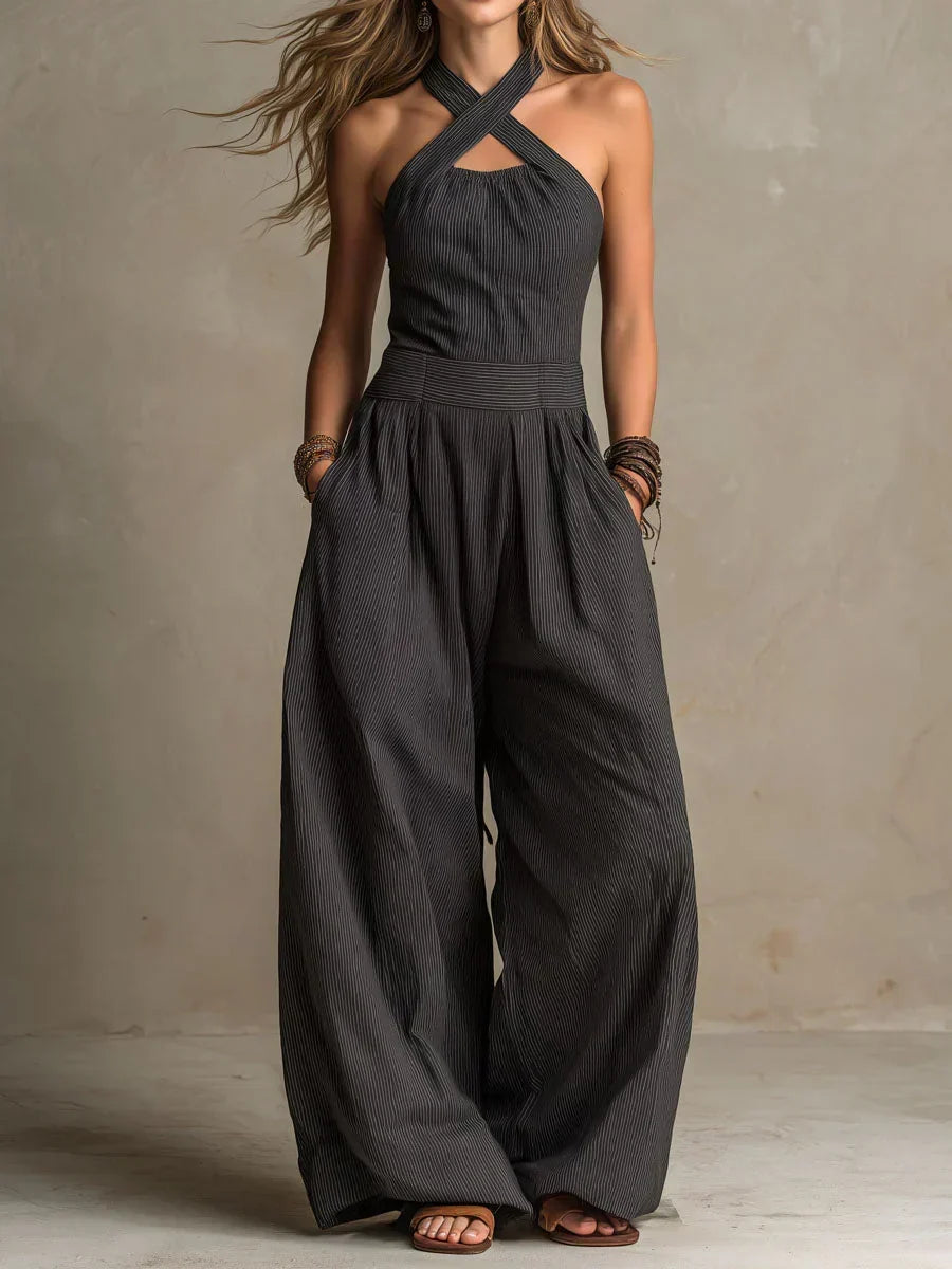 Pinstripe Cross Halter Neck Cut Out Wide Leg Jumpsuit