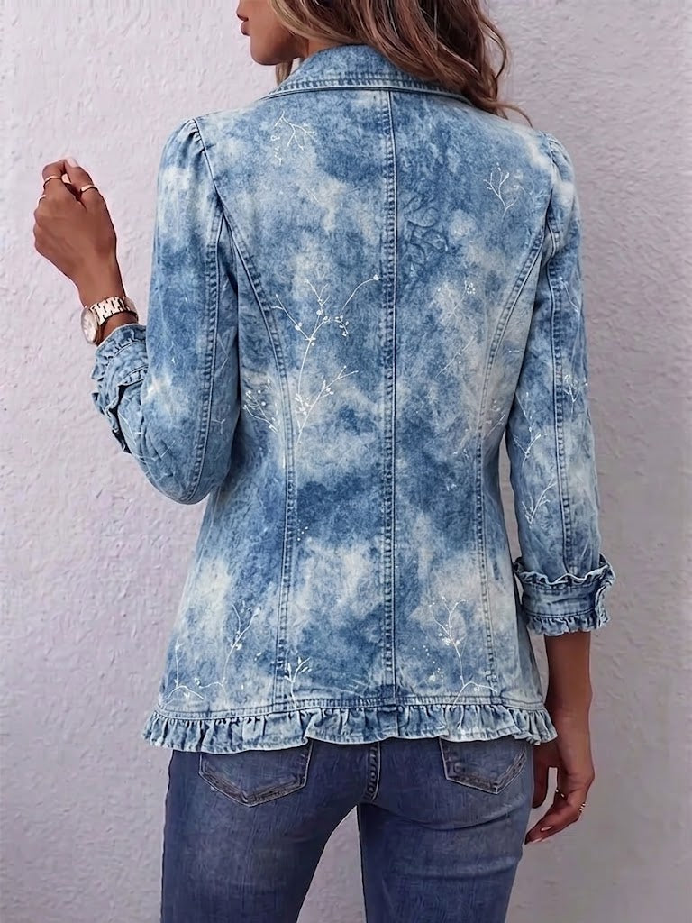 Floral Ruffle Trim Button Front Denim Look Jacket 2