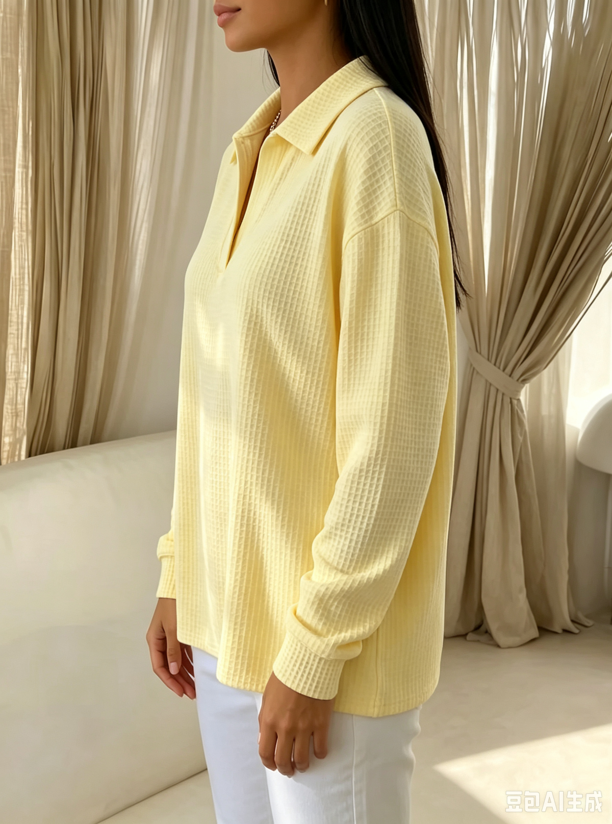 Waffle Knit Collared Long Sleeve Polo Top 3