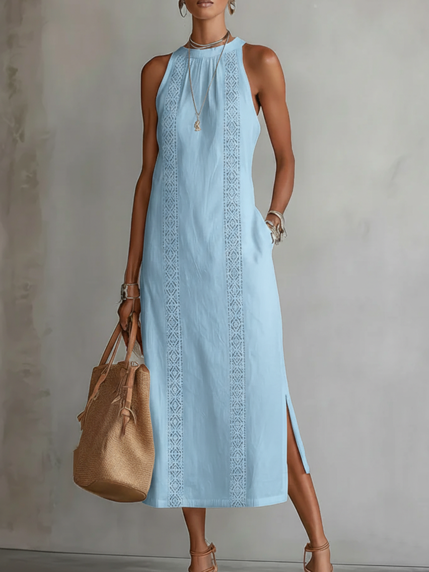 Halter Neck Sleeveless Lace Panel Side Split Midi Dress