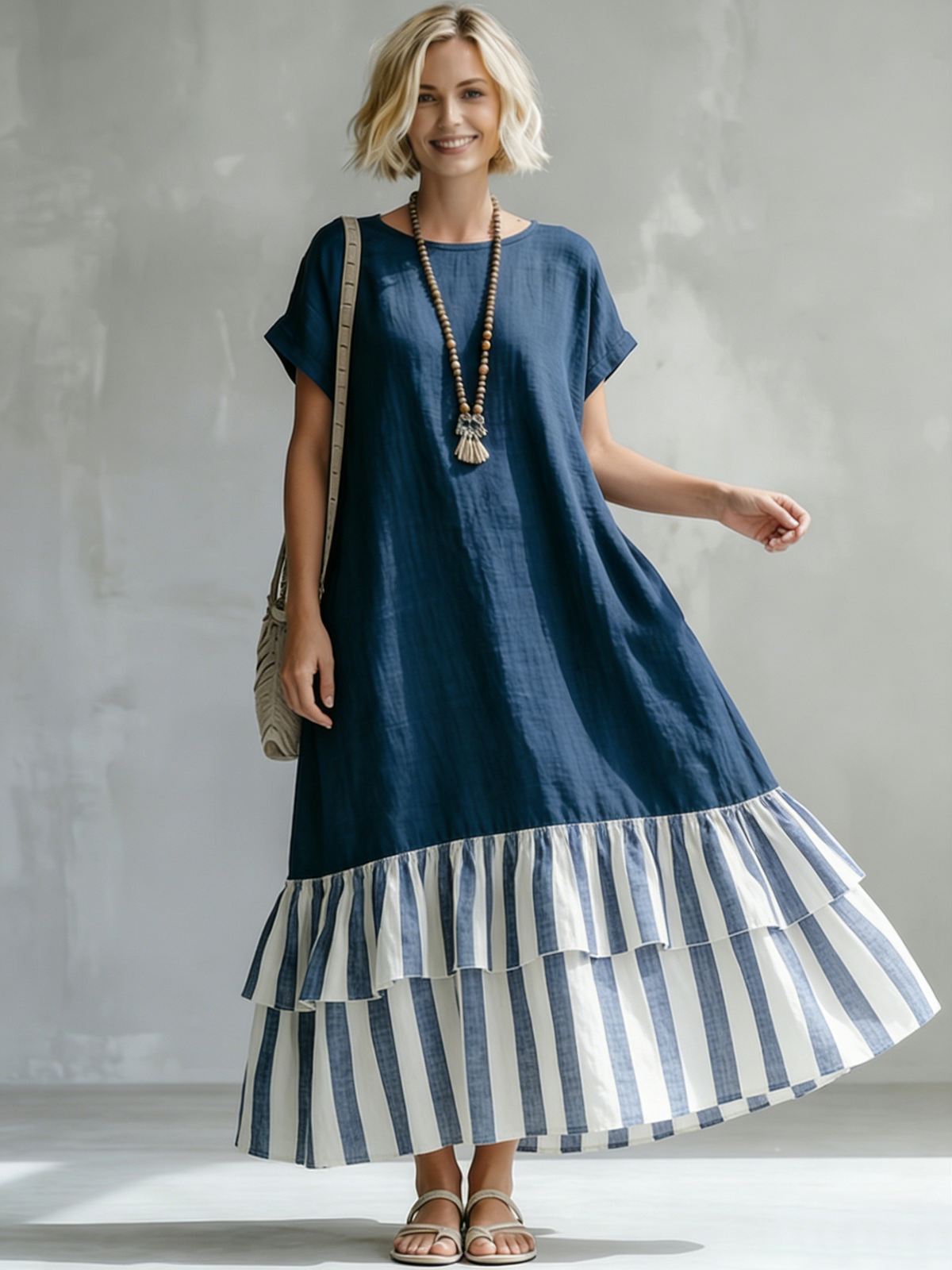 Round Neck Short Sleeve Striped Tiered Ruffle Hem Maxi Dress 2